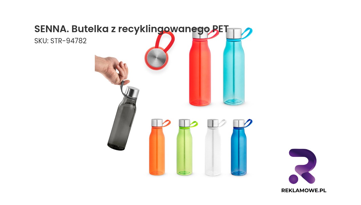 SENNA. Butelka z recyklingowanego PET (100% rPET) z błyszczącym, półprzezroczystym wykończeniem Butelka Senna wykonana z recyklingowanego PET