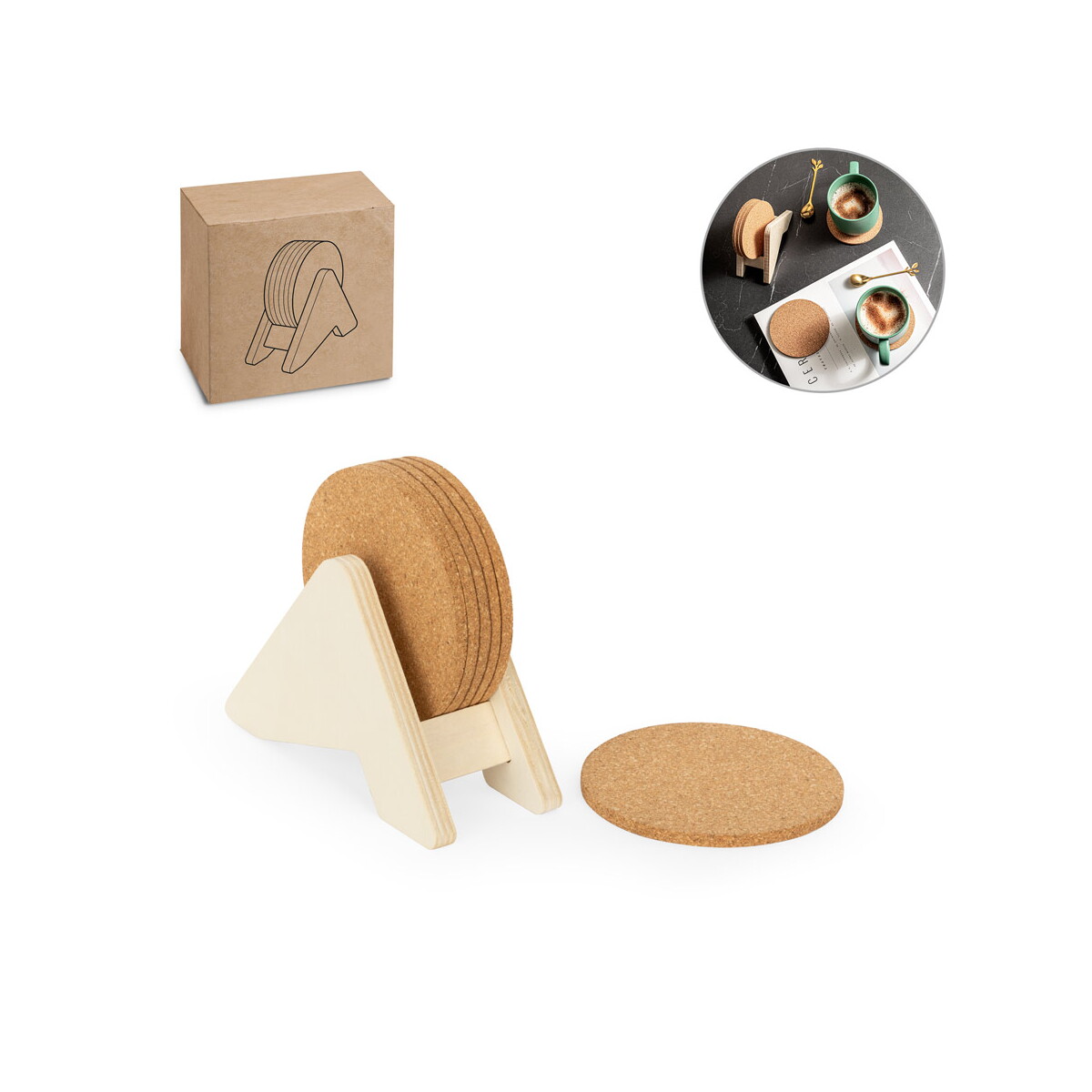 PLYCORK. Stojak ze sklejki z 6 korkowymi podstawkami 94368_set