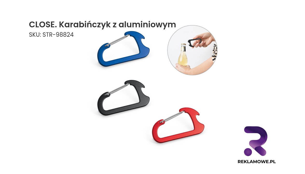 CLOSE. Karabińczyk z aluminiowym otwieraczem do kapsułek Aluminiowy karabińczyk w zbliżeniu